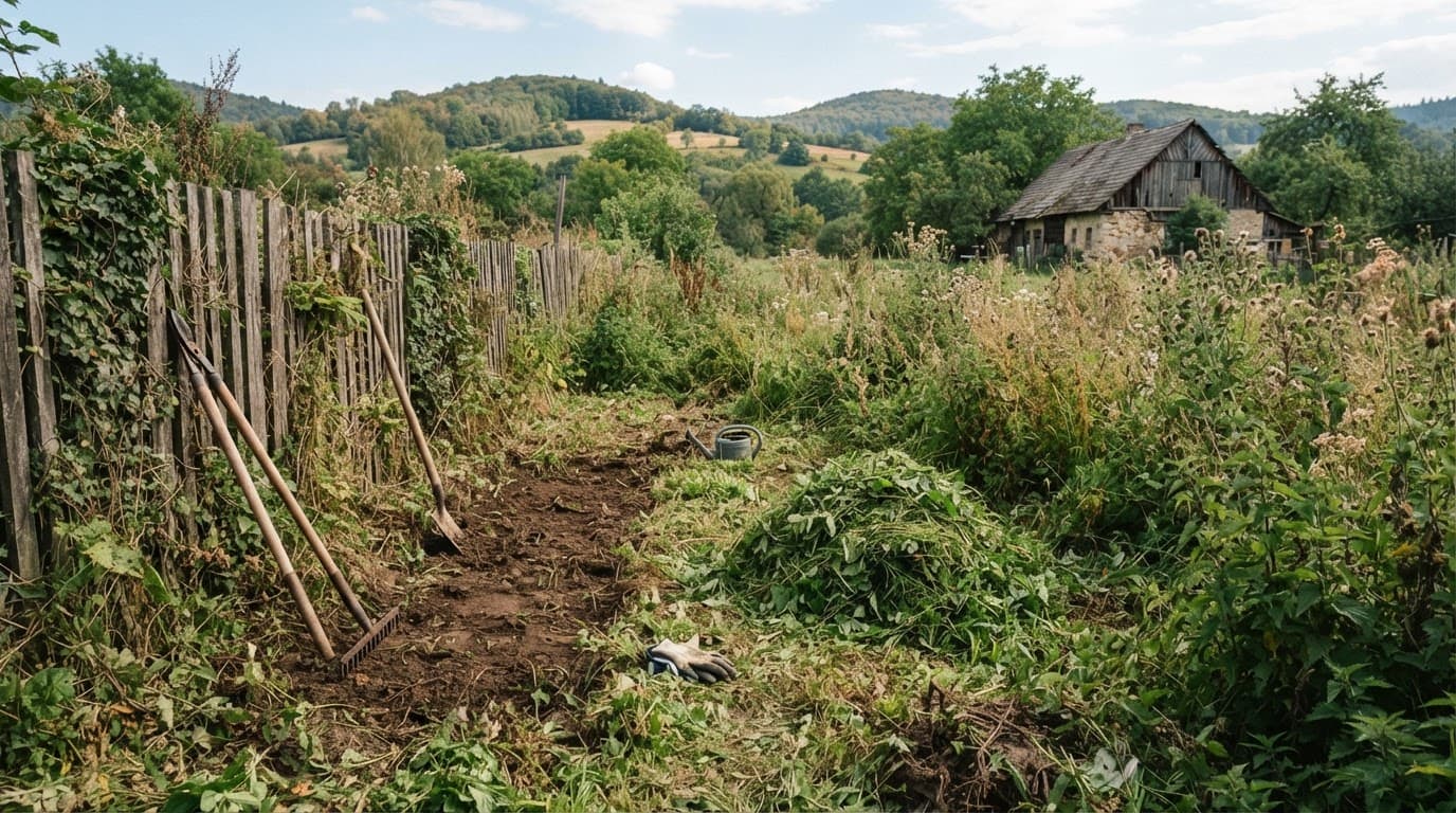 Zarośnięty ogród i zacieki chwastów przed rozpoczęciem prac porządkowych